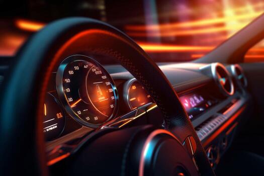 Modern car interior at night with illuminated gauges and steering wheel
